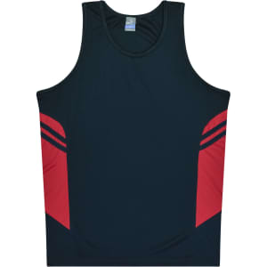 A men's singlet in dark blue with red accents and a logo.