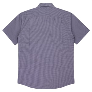 A short sleeve button-up shirt in a navy and white check pattern, featuring a back yoke design and a logo.
