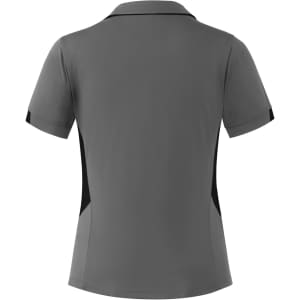 A grey polo shirt featuring black side panels and a collar, showcasing a sleek design and tailored fit.