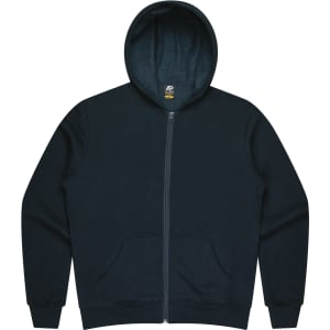 A navy blue hoodie featuring a zip front and a hood, with a kangaroo pocket and branding on the label.
