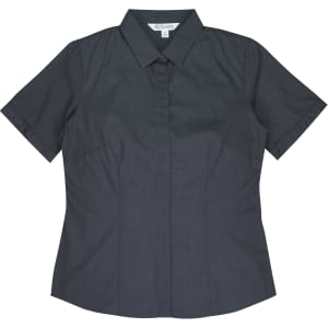 A dark grey short-sleeve button-up shirt with a collared neck and structured design. Features a logo.