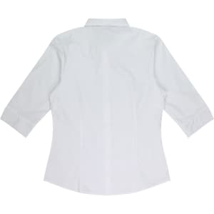A white button-up shirt with 3/4 sleeves, featuring a fitted back design and a collar. It has a logo on it.