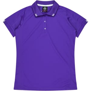 A purple polo shirt with a collar and button detailing, featuring a logo on the upper back.