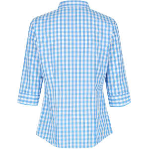A blue and white checked button-up shirt with 3/4 sleeves and a collar, featuring a logo.
