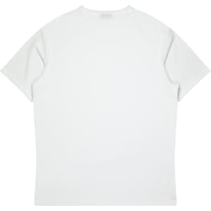 A plain white T-shirt featuring short sleeves and a simple design, with a brand logo on the label.