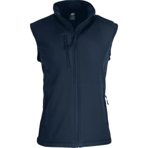 A navy blue men's vest with a zip front and two side pockets, featuring a logo.