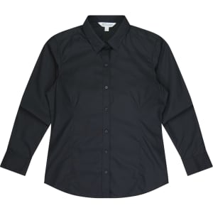 A long sleeve button-up shirt in black, featuring a collar and a front button placket.