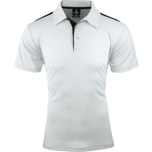 A white polo shirt with black detailing on the shoulders and a collar, featuring a logo on the front.