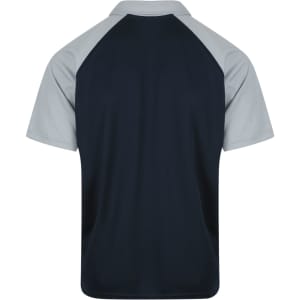 A navy and light grey polo shirt with a raglan design, featuring short sleeves and a collar.