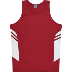 A red singlet with white detailing on the sides and a logo on the neckline.