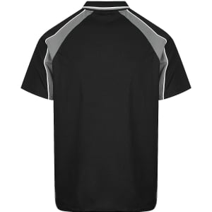 A black polo shirt with grey accents, featuring a logo on the back and short sleeves.