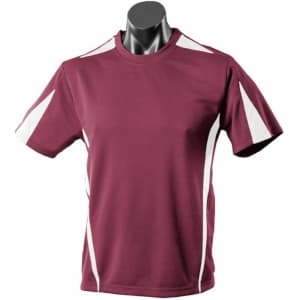 A maroon t-shirt with white accents, featuring short sleeves and a modern design. It includes a logo on the front.