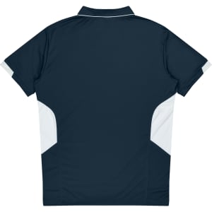 A dark navy polo shirt with white side panels and a logo on the chest area.