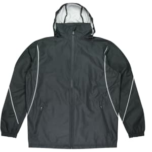 A dark green men's jacket with a hood, featuring white accents and zippered pockets. It has a branded logo.