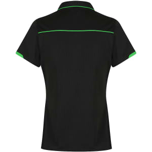 A black polo shirt with green detailing, featuring a collar and short sleeves, and includes a logo.