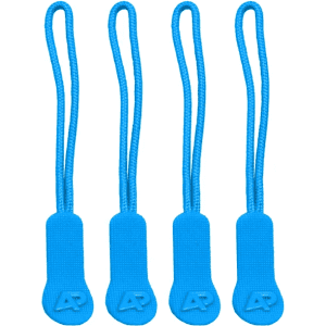 Four blue zip pullers, featuring attached loops for easy handling, displayed against a plain background.