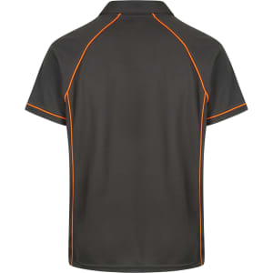 A grey polo shirt with orange piping and a branding logo on the back.