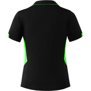 A black polo shirt with green accents and a logo, featuring a classic collar and short sleeves.