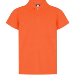 An orange polo shirt featuring a collar and short sleeves, with a logo on the front.