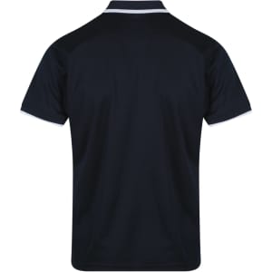 A men's polo shirt in navy blue with contrasting trim and a logo. The image displays the back view.