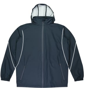 A dark navy jacket with a hood, featuring light reflective trim and zippered pockets. It has an incorporated branding logo.