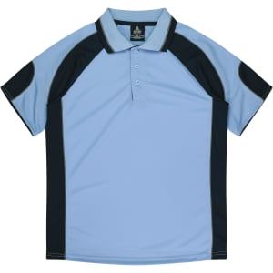 A light blue and black polo shirt with short sleeves and a collar, featuring a logo on the upper left side.