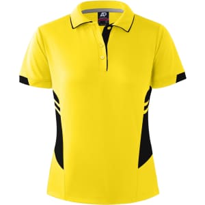 A yellow polo shirt with black side accents and a collar, featuring a logo on the upper section.