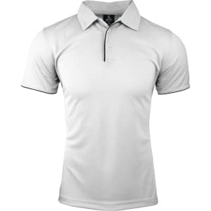 A white polo shirt with a collar and short sleeves, featuring a contrasting black trim and a logo on the collar.