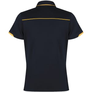 A black polo shirt with a yellow trim, featuring a logo on the front. The back has a sleek design.