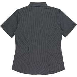 A short sleeve shirt in black and white stripes, featuring a collar and a back view. It has a logo.