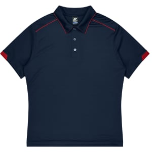 A navy blue polo shirt with red accents and a collar. It features a logo on the chest area.