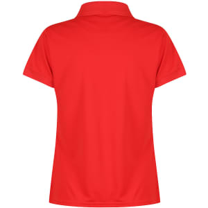 A red polo shirt with a collar, featuring a branded logo on the back.