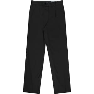 Black pleated men's pants with a waistband and pockets, featuring a logo. Suitable for formal wear.