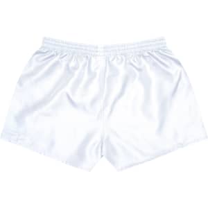A pair of white sports shorts with an elastic waistband and a smooth finish, featuring a logo.