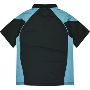 A dark green and light blue polo shirt featuring a logo, with a classic collar and short sleeves.