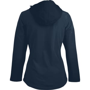 A soft shell jacket in navy blue, featuring a hood and a sleek, fitted design.