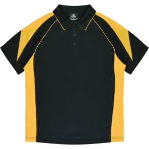 A black and yellow polo shirt featuring a collar and short sleeves, with a logo on the front.