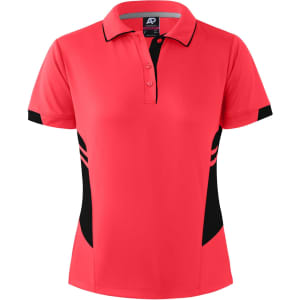 A red polo shirt for women featuring black side panels and a collar. Includes branding on the label.