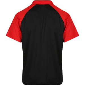 A polo shirt featuring a black body with red sleeves and a logo on the back.