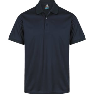 A navy blue polo shirt with a collar and short sleeves, featuring a logo on the chest.