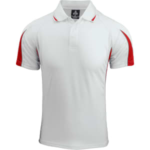 A white polo shirt with red accents and a logo on the front.