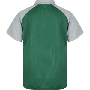 A green and grey polo shirt with a mesh design, featuring a collar and short sleeves.