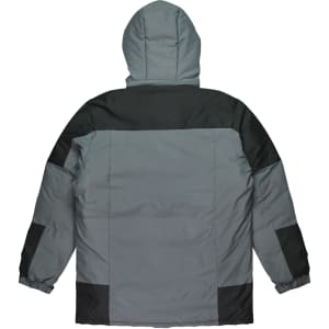 A men's jacket in shades of grey and green, featuring a hood and contrasting panel design on the back.
