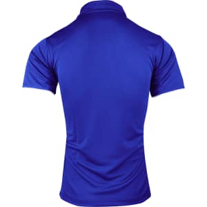 A blue polo shirt with short sleeves and a collar, featuring a logo on the design.