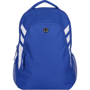 A blue backpack with white stripes, features mesh side pockets and a logo on the front.