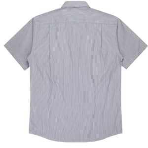 A short-sleeve, button-up shirt featuring a striped pattern in shades of blue and white, with a branded logo.