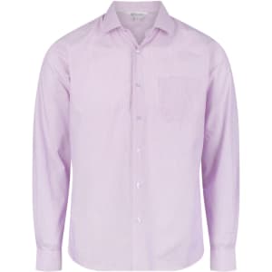 A long-sleeve button-up shirt in light purple with a single chest pocket and a logo on the collar.