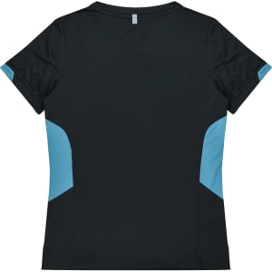 A black women's t-shirt featuring blue side panels and a logo on the back.