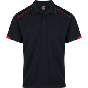 A navy polo shirt featuring red accents and a collar, with a logo on the chest.