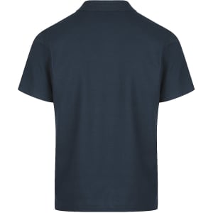 A navy polo shirt with a classic collar and short sleeves, featuring a branded logo.